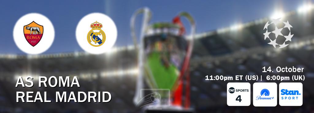 You can watch game live between AS Roma and Real Madrid on TNT Sports 4(UK), Paramount+(US), Stan Sport(AU). You can watch game live between AS Roma and Real Madrid on TNT Sports 4(UK), Paramount+(US), Stan Sport(AU).