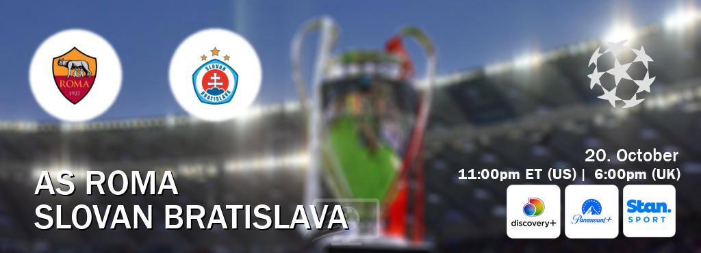 You can watch game live between AS Roma and Slovan Bratislava on Discovery +(UK), Paramount+(US), Stan Sport(AU). You can watch game live between AS Roma and Slovan Bratislava on Discovery +(UK), Paramount+(US), Stan Sport(AU).