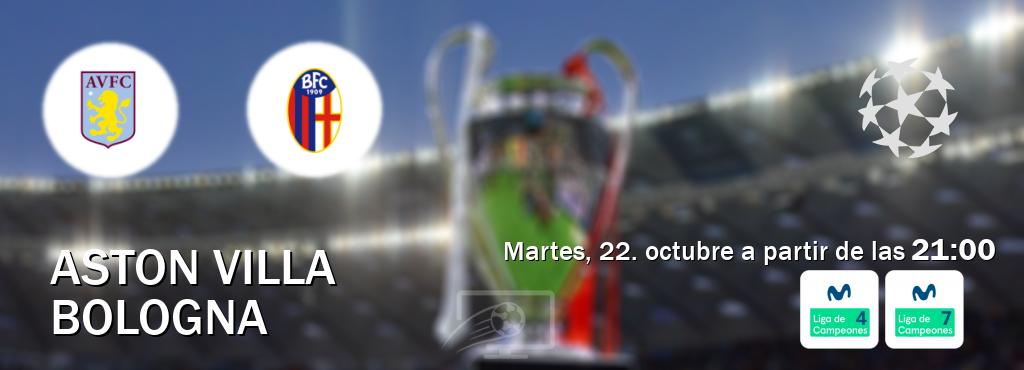 El partido entre Aston Villa y Bologna será retransmitido por Movistar Liga de Campeones 4 y Movistar Liga de Campeones 7 (martes, 22. octubre a partir de las  21:00).