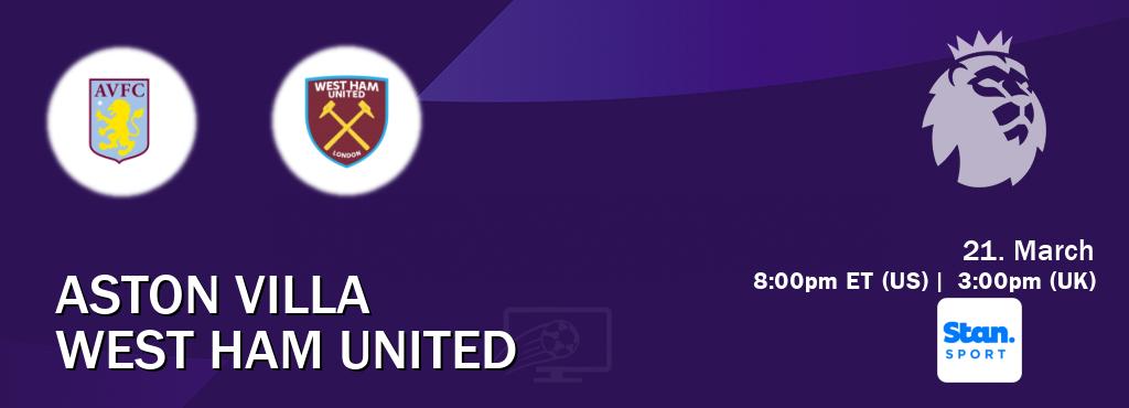 You can watch game live between Aston Villa and West Ham United on Stan Sport(AU). You can watch game live between Aston Villa and West Ham United on Stan Sport(AU).