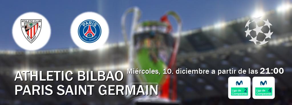El partido entre Athletic Bilbao y Paris Saint Germain será retransmitido por Movistar Liga de Campeones 2 y Movistar Liga de Campeones 4 (miércoles, 10. diciembre a partir de las 21:00). El partido entre Athletic Bilbao y Paris Saint Germain será retransmitido por Movistar Liga de Campeones 2 y Movistar Liga de Campeones 4 (miércoles, 10. diciembre a partir de las 21:00).