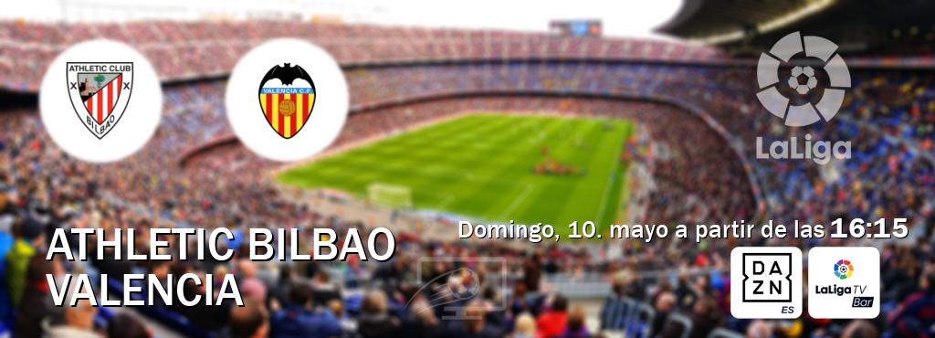 El partido entre Athletic Bilbao y Valencia será retransmitido por DAZN España y LaLigaTV Bar (domingo, 10. mayo a partir de las 16:15). El partido entre Athletic Bilbao y Valencia será retransmitido por DAZN España y LaLigaTV Bar (domingo, 10. mayo a partir de las 16:15).