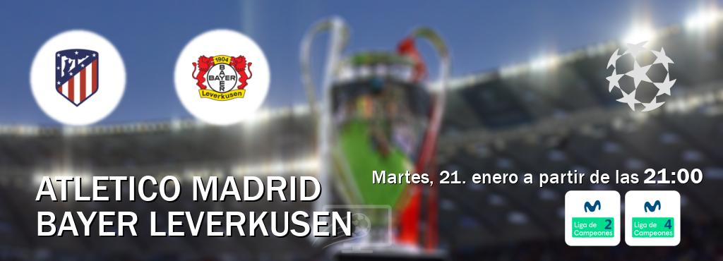 El partido entre Atletico Madrid y Bayer Leverkusen será retransmitido por Movistar Liga de Campeones 2 y Movistar Liga de Campeones 4 (martes, 21. enero a partir de las  21:00).