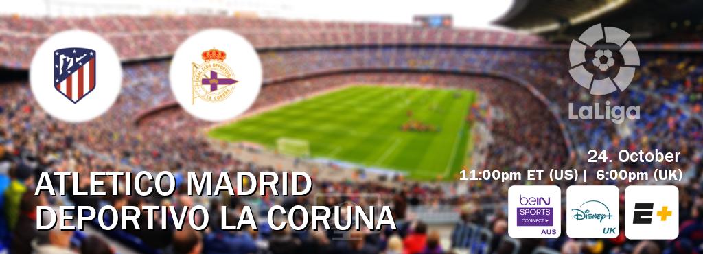 You can watch game live between Atletico Madrid and Deportivo La Coruna on beIN Sports Connect(AU), Disney+ UK(UK), ESPN+(US). You can watch game live between Atletico Madrid and Deportivo La Coruna on beIN Sports Connect(AU), Disney+ UK(UK), ESPN+(US).