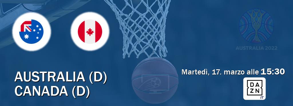 Il match Australia (D) - Canada (D) sarà trasmesso in diretta TV su DAZN Italia (ore 15:30)