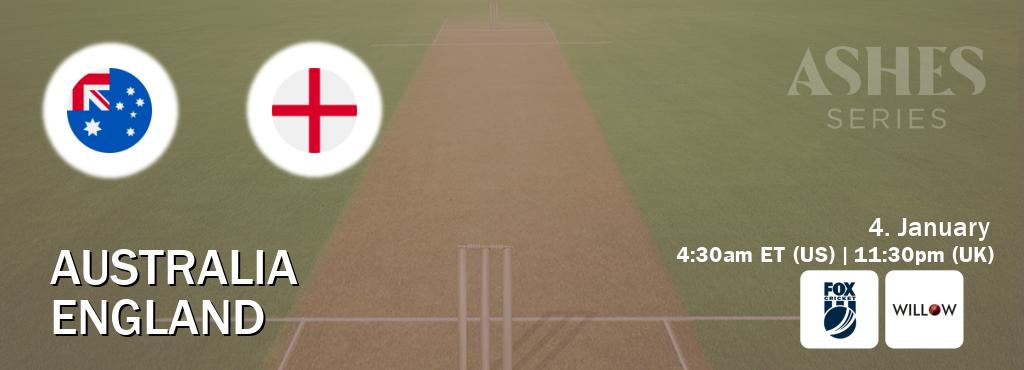 You can watch game live between Australia and England on Fox Cricket(AU) and Willov TV(US).