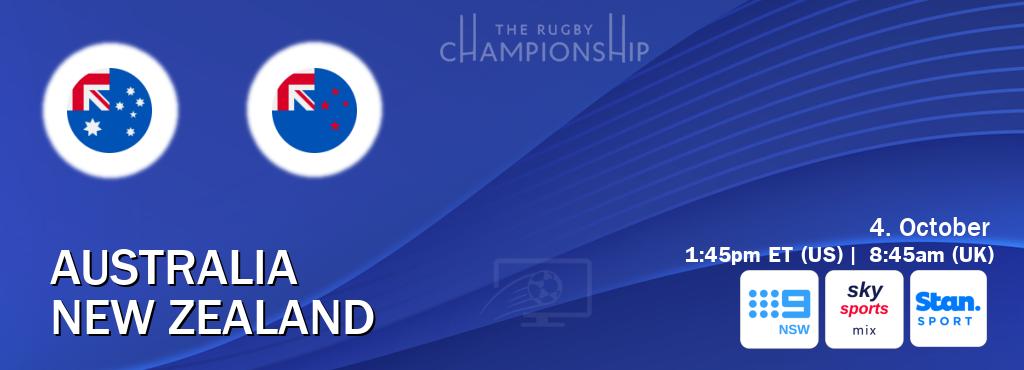 You can watch game live between Australia and New Zealand on Channel 9 Sydney(AU), Sky Sports Mix(UK), Stan Sport(AU). You can watch game live between Australia and New Zealand on Channel 9 Sydney(AU), Sky Sports Mix(UK), Stan Sport(AU).