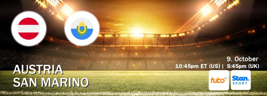 You can watch game live between Austria and San Marino on fuboTV(US) and Stan Sport(AU). You can watch game live between Austria and San Marino on fuboTV(US) and Stan Sport(AU).