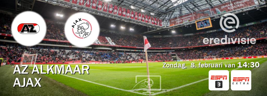 Wedstrijd tussen AZ Alkmaar en Ajax live op tv bij ESPN 3, ESPN Extra (zondag,  8. februari van  14:30).