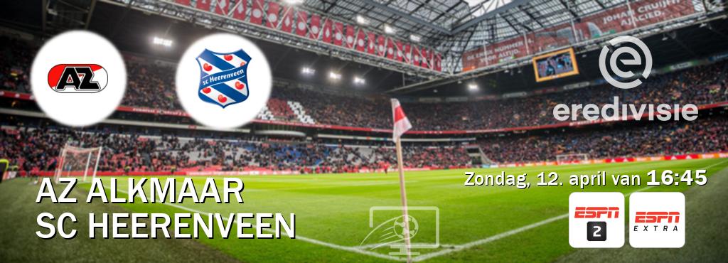 Wedstrijd tussen AZ Alkmaar en SC Heerenveen live op tv bij ESPN 2, ESPN Extra (zondag, 12. april van  16:45).