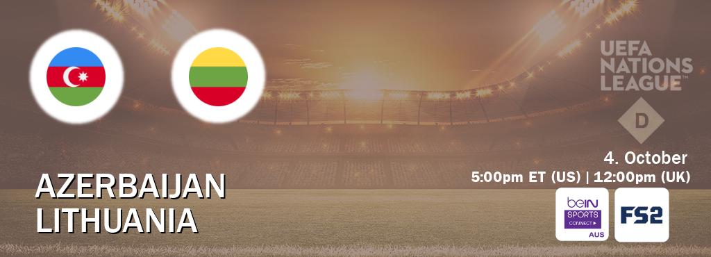 You can watch game live between Azerbaijan and Lithuania on beIN Sports Connect(AU) and FOX Sports 2(US). You can watch game live between Azerbaijan and Lithuania on beIN Sports Connect(AU) and FOX Sports 2(US).