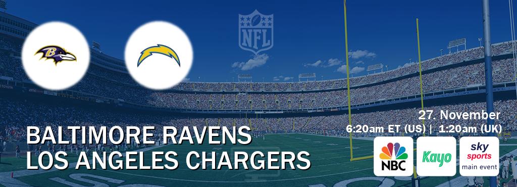 You can watch game live between Baltimore Ravens and Los Angeles Chargers on NBC(US), Kayo Sports(AU), Sky Sports Main Event(UK).