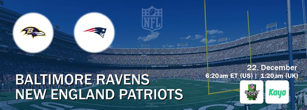 You can watch game live between Baltimore Ravens and New England Patriots on NFL Sunday Ticket(US) and Kayo Sports(AU). You can watch game live between Baltimore Ravens and New England Patriots on NFL Sunday Ticket(US) and Kayo Sports(AU).