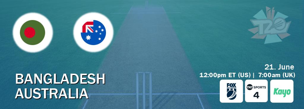 You can watch game live between Bangladesh and Australia on Fox Cricket(AU), TNT Sports 4(UK), Kayo Sports(AU).