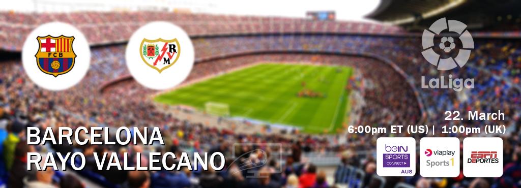 You can watch game live between Barcelona and Rayo Vallecano on beIN Sports Connect(AU), Viaplay Sports 1(UK), ESPN Deportes(US). You can watch game live between Barcelona and Rayo Vallecano on beIN Sports Connect(AU), Viaplay Sports 1(UK), ESPN Deportes(US).