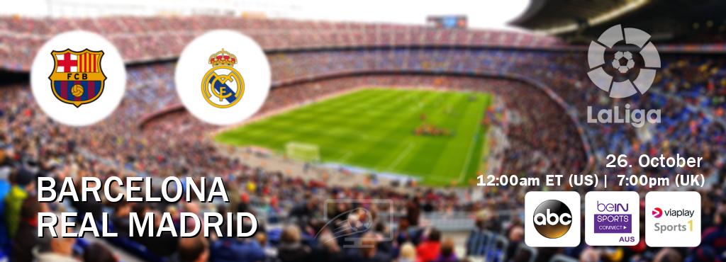 You can watch game live between Barcelona and Real Madrid on ABC(US), beIN Sports Connect(AU), Viaplay Sports 1(UK). You can watch game live between Barcelona and Real Madrid on ABC(US), beIN Sports Connect(AU), Viaplay Sports 1(UK).
