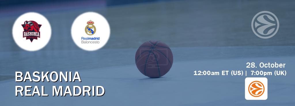 You can watch game live between Baskonia and Real Madrid on EuroLeague TV. You can watch game live between Baskonia and Real Madrid on EuroLeague TV.