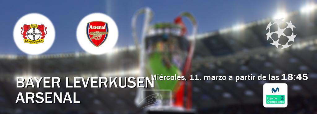 El partido entre Bayer Leverkusen y Arsenal será retransmitido por Movistar Liga de Campeones 2 (miércoles, 11. marzo a partir de las  18:45).