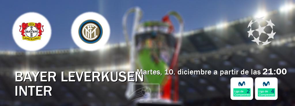 El partido entre Bayer Leverkusen y Inter será retransmitido por Movistar Liga de Campeones 2 y Movistar Liga de Campeones 4 (martes, 10. diciembre a partir de las  21:00).