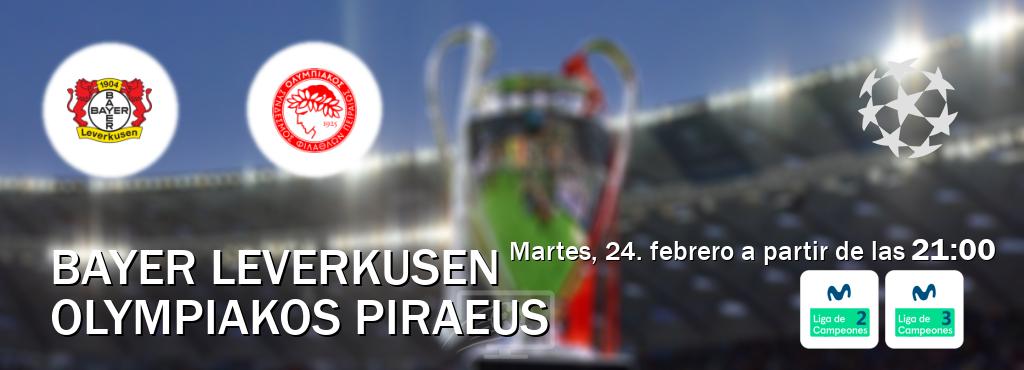 El partido entre Bayer Leverkusen y Olympiakos Piraeus será retransmitido por Movistar Liga de Campeones 2 y Movistar Liga de Campeones 3 (martes, 24. febrero a partir de las  21:00).
