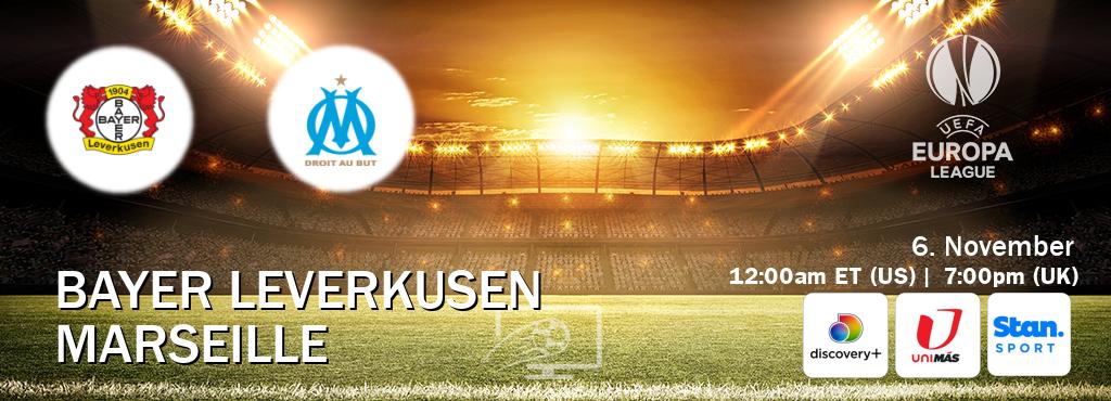 You can watch game live between Bayer Leverkusen and Marseille on Discovery +(UK), UniMas Eastern(US), Stan Sport(AU). You can watch game live between Bayer Leverkusen and Marseille on Discovery +(UK), UniMas Eastern(US), Stan Sport(AU).