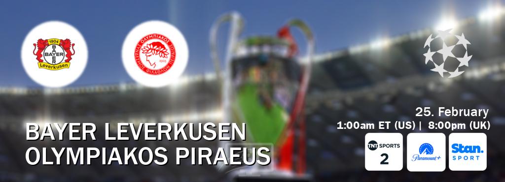 You can watch game live between Bayer Leverkusen and Olympiakos Piraeus on TNT Sports 2(UK), Paramount+(US), Stan Sport(AU). You can watch game live between Bayer Leverkusen and Olympiakos Piraeus on TNT Sports 2(UK), Paramount+(US), Stan Sport(AU).
