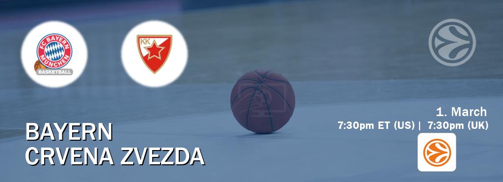 You can watch game live between Bayern and Crvena zvezda on EuroLeague TV.