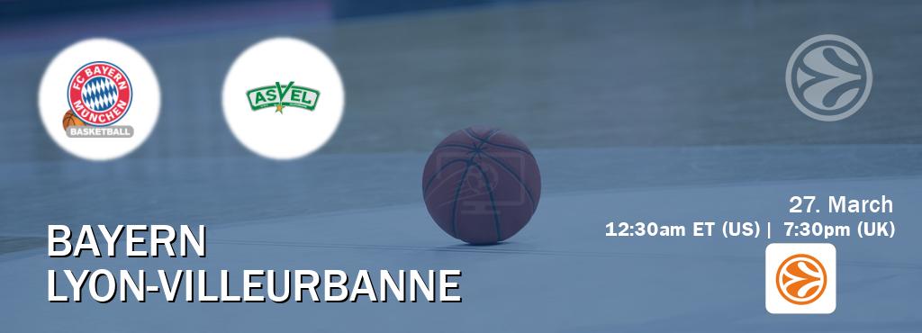 You can watch game live between Bayern and Lyon-Villeurbanne on EuroLeague TV. You can watch game live between Bayern and Lyon-Villeurbanne on EuroLeague TV.