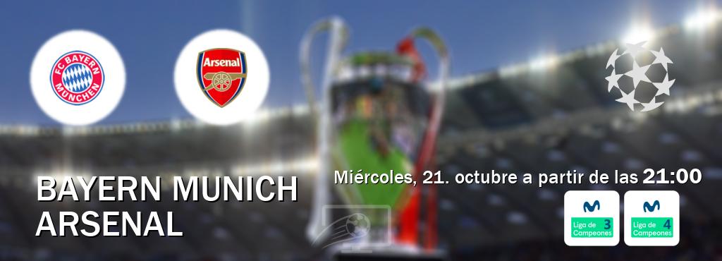 El partido entre Bayern Munich y Arsenal será retransmitido por Movistar Liga de Campeones 3 y Movistar Liga de Campeones 4 (miércoles, 21. octubre a partir de las  21:00).