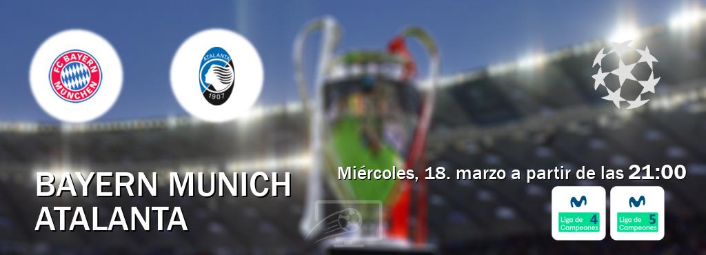 El partido entre Bayern Munich y Atalanta será retransmitido por Movistar Liga de Campeones 4 y Movistar Liga de Campeones 5 (miércoles, 18. marzo a partir de las 21:00). El partido entre Bayern Munich y Atalanta será retransmitido por Movistar Liga de Campeones 4 y Movistar Liga de Campeones 5 (miércoles, 18. marzo a partir de las 21:00).