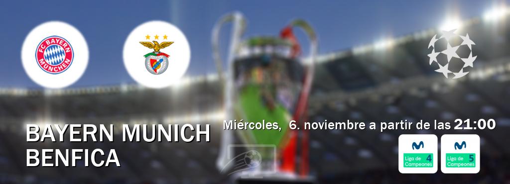 El partido entre Bayern Munich y Benfica será retransmitido por Movistar Liga de Campeones 4 y Movistar Liga de Campeones 5 (miércoles,  6. noviembre a partir de las  21:00).