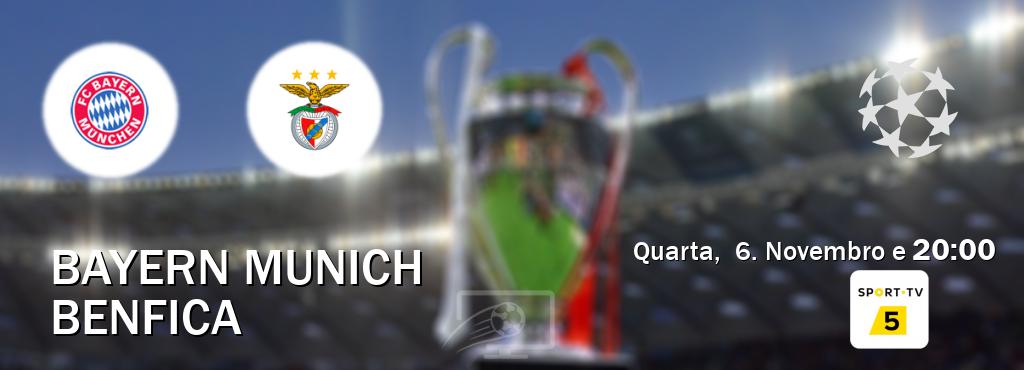 Jogo entre Bayern Munich e Benfica tem emissão Sport TV 5 (Quarta,  6. Novembro e  20:00).