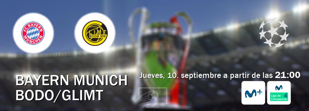 El partido entre Bayern Munich y Bodo/Glimt será retransmitido por Movistar Liga de Campeones y Movistar Liga de Campeones 4 (jueves, 10. septiembre a partir de las 21:00). El partido entre Bayern Munich y Bodo/Glimt será retransmitido por Movistar Liga de Campeones y Movistar Liga de Campeones 4 (jueves, 10. septiembre a partir de las 21:00).