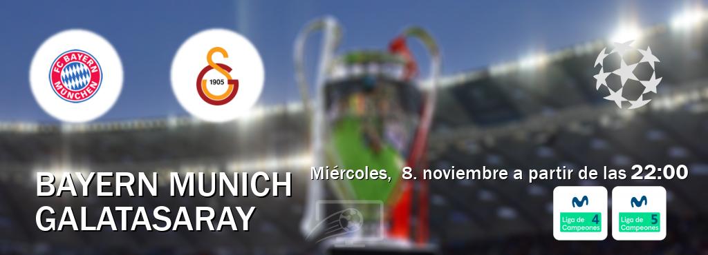 El partido entre Bayern Munich y Galatasaray será retransmitido por Movistar Liga de Campeones 4 y Movistar Liga de Campeones 5 (miércoles,  8. noviembre a partir de las  22:00).