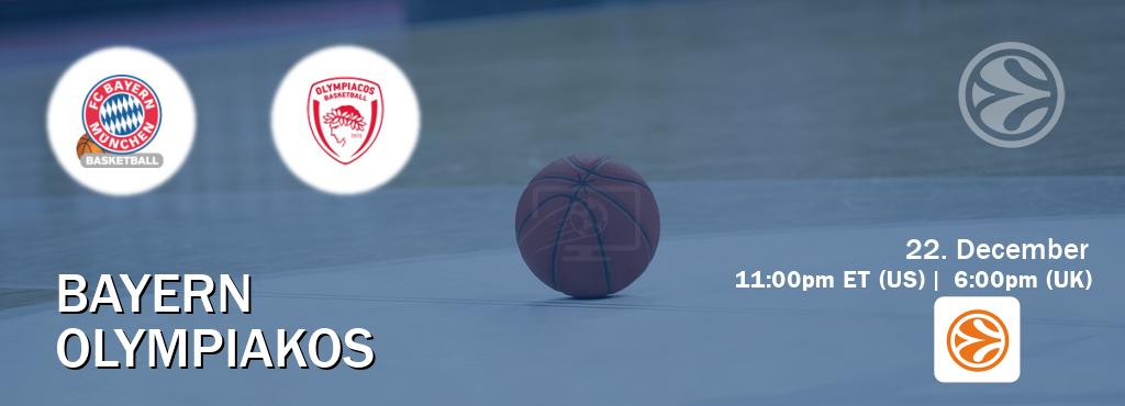 You can watch game live between Bayern and Olympiakos on EuroLeague TV. You can watch game live between Bayern and Olympiakos on EuroLeague TV.