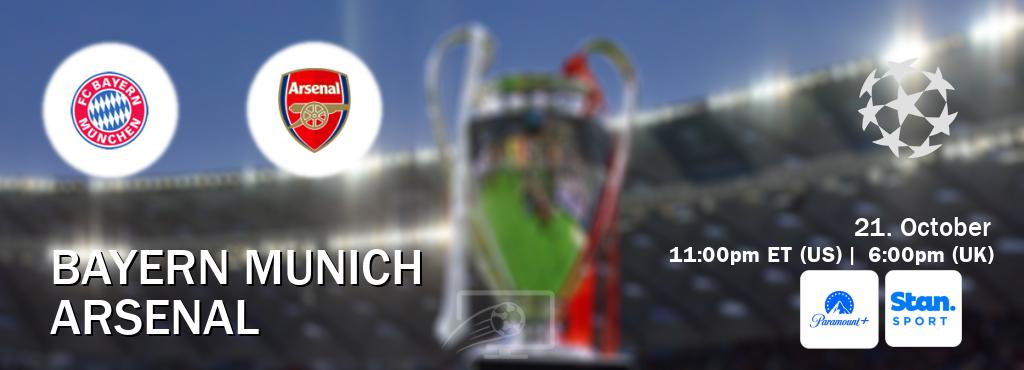 You can watch game live between Bayern Munich and Arsenal on Paramount+(US) and Stan Sport(AU). You can watch game live between Bayern Munich and Arsenal on Paramount+(US) and Stan Sport(AU).
