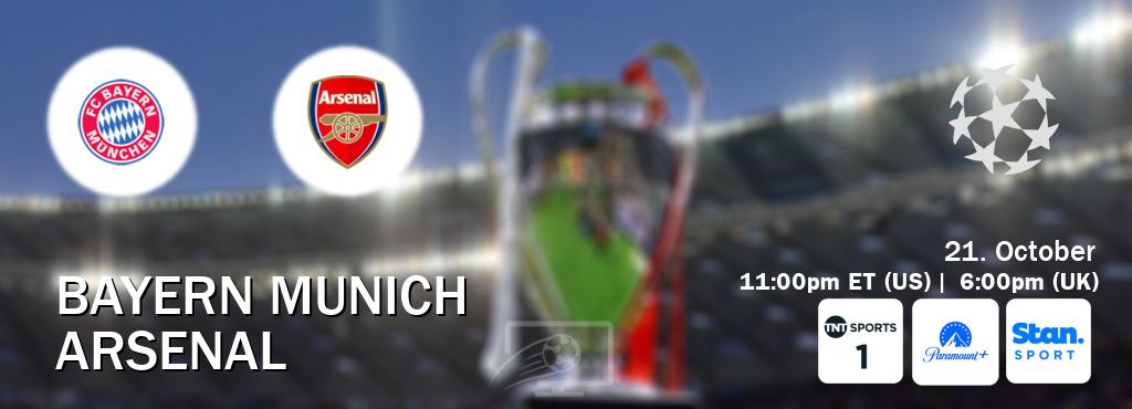 You can watch game live between Bayern Munich and Arsenal on TNT Sports 1(UK), Paramount+(US), Stan Sport(AU).