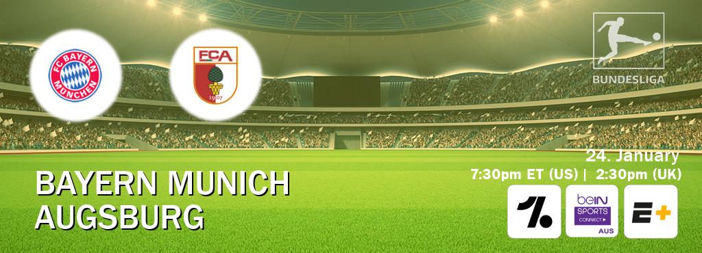 You can watch game live between Bayern Munich and Augsburg on OneFootball, beIN Sports Connect(AU), ESPN+(US). You can watch game live between Bayern Munich and Augsburg on OneFootball, beIN Sports Connect(AU), ESPN+(US).