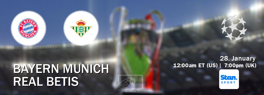 You can watch game live between Bayern Munich and Real Betis on Stan Sport(AU). You can watch game live between Bayern Munich and Real Betis on Stan Sport(AU).