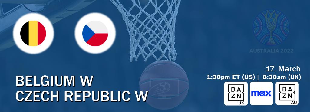 You can watch game live between Belgium W and Czech Republic W on DAZN UK(UK), Max(US), DAZN(AU).