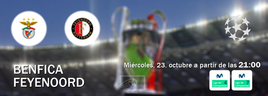 El partido entre Benfica y Feyenoord será retransmitido por Movistar Liga de Campeones 4 y Movistar Liga de Campeones 7 (miércoles, 23. octubre a partir de las  21:00).