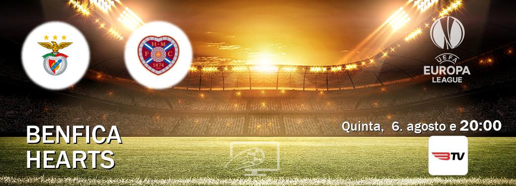 Jogo entre Benfica e Hearts tem emissão Benfica TV (quinta, 6. agosto e 20:00). Jogo entre Benfica e Hearts tem emissão Benfica TV (quinta, 6. agosto e 20:00).