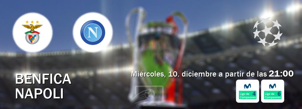 El partido entre Benfica y Napoli será retransmitido por Movistar Liga de Campeones 4 y Movistar Liga de Campeones 6  (miércoles, 10. diciembre a partir de las  21:00).