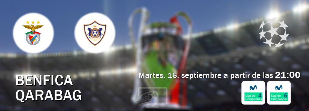 El partido entre Benfica y Qarabag será retransmitido por Movistar Liga de Campeones 4 y Movistar Liga de Campeones 6 (martes, 16. septiembre a partir de las 21:00). El partido entre Benfica y Qarabag será retransmitido por Movistar Liga de Campeones 4 y Movistar Liga de Campeones 6 (martes, 16. septiembre a partir de las 21:00).