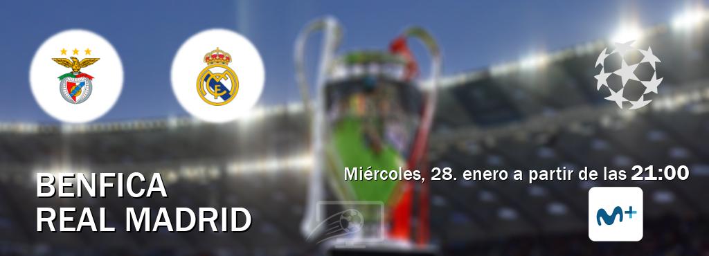 El partido entre Benfica y Real Madrid será retransmitido por Movistar Liga de Campeones  (miércoles, 28. enero a partir de las  21:00).