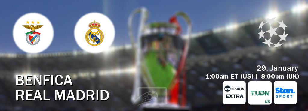 You can watch game live between Benfica and Real Madrid on TNT Sports Extra(UK), TUDN(US), Stan Sport(AU). You can watch game live between Benfica and Real Madrid on TNT Sports Extra(UK), TUDN(US), Stan Sport(AU).
