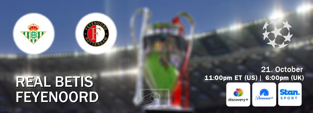 You can watch game live between Real Betis and Feyenoord on Discovery +(UK), Paramount+(US), Stan Sport(AU). You can watch game live between Real Betis and Feyenoord on Discovery +(UK), Paramount+(US), Stan Sport(AU).