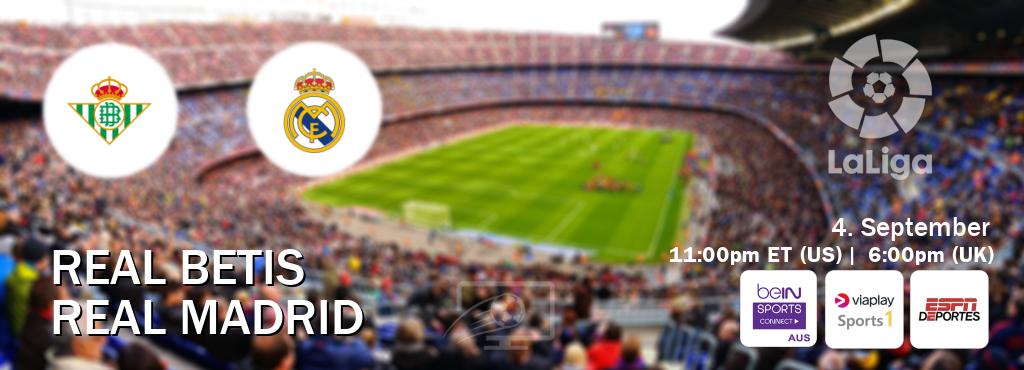 You can watch game live between Real Betis and Real Madrid on beIN Sports Connect(AU), Viaplay Sports 1(UK), ESPN Deportes(US). You can watch game live between Real Betis and Real Madrid on beIN Sports Connect(AU), Viaplay Sports 1(UK), ESPN Deportes(US).