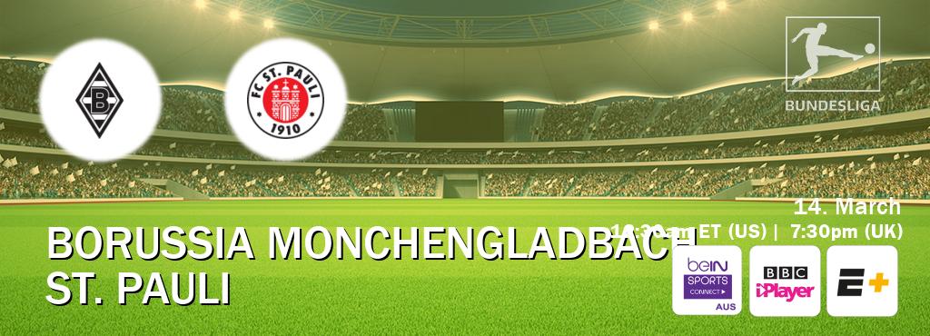 You can watch game live between Borussia Monchengladbach and St. Pauli on beIN Sports Connect(AU), BBC iPlayer(UK), ESPN+(US).