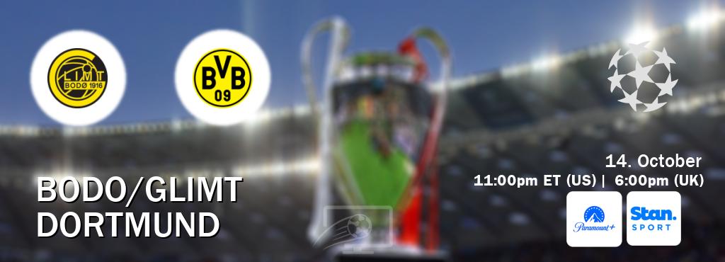 You can watch game live between Bodo/Glimt and Dortmund on Paramount+(US) and Stan Sport(AU). You can watch game live between Bodo/Glimt and Dortmund on Paramount+(US) and Stan Sport(AU).